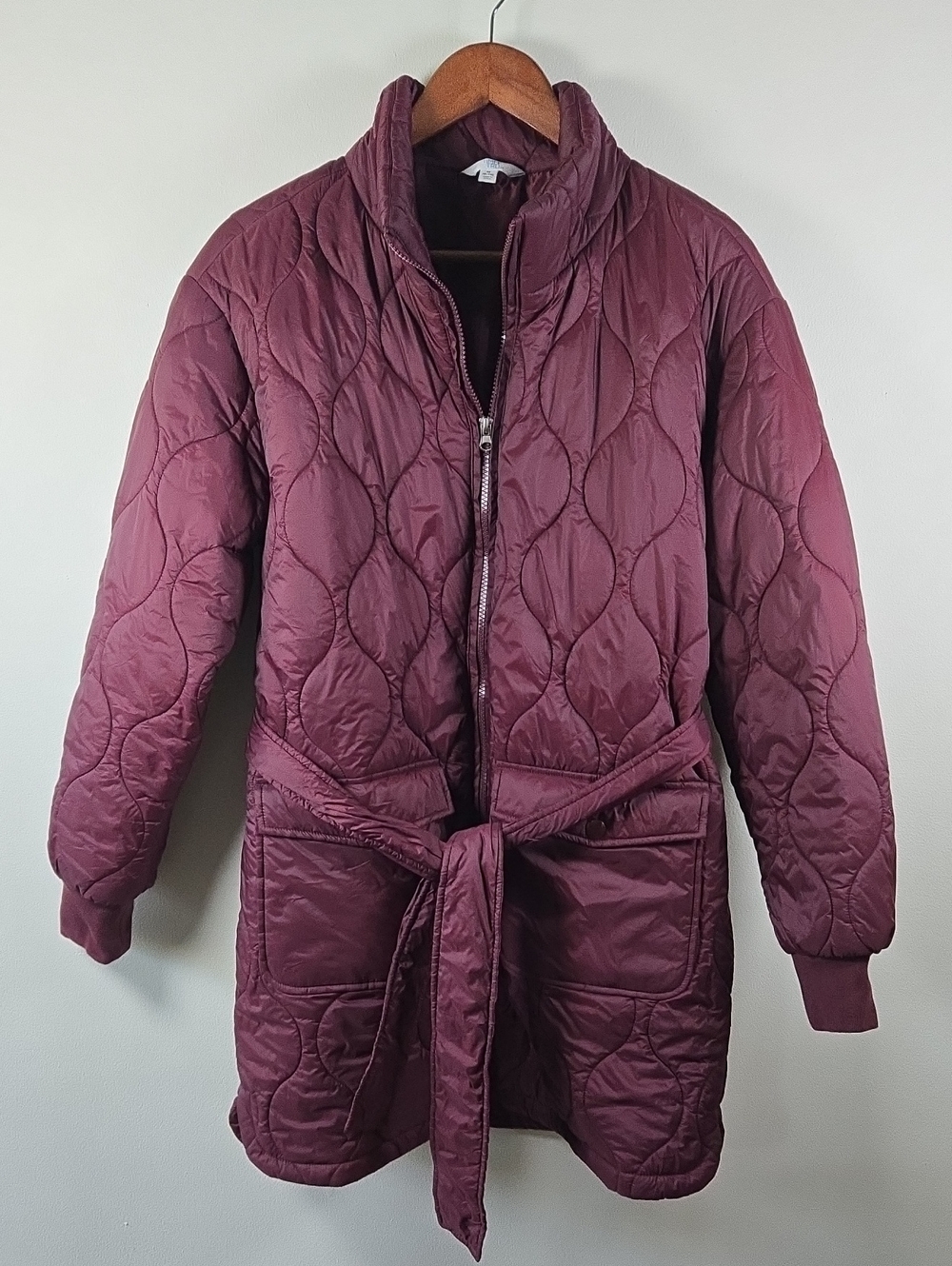 Purple Quilted Belted Puffer Coat in Purple Size Medium